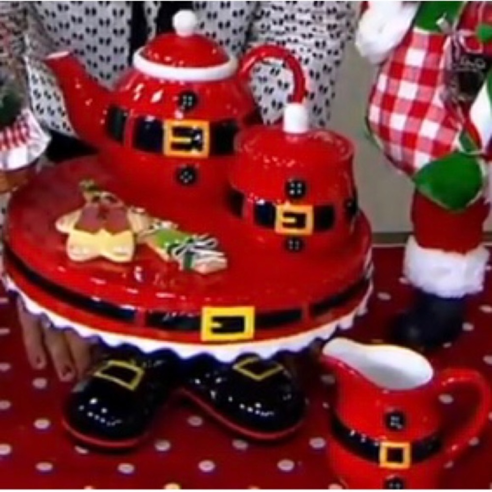 3-PIECE SANTA TEA SET & SANTA BELT/BOOTS CERAMIC SERVING STAND!